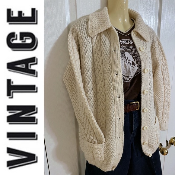 Hand knit Fishermen cable knit cream button-down cardigan chunky sweater - Picture 5 of 16